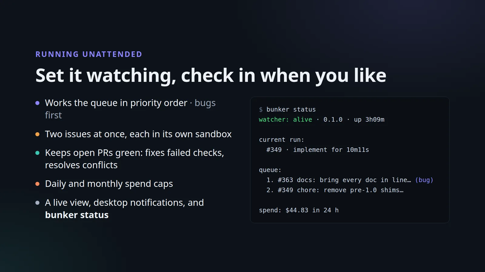 Running unattended: priority queue with bugs first, two issues at once, a PR shepherd, spend caps, and bunker status